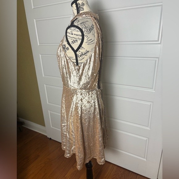 Lulu's Champagne Sequin Halter Backless Skater Dress Under The Spotlight - Picture 4 of 7